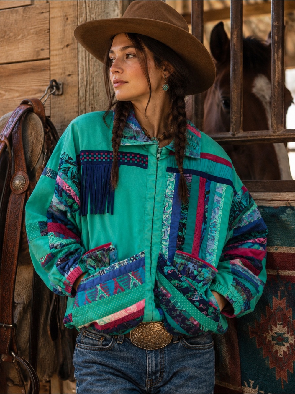 Handmade Teal Patchwork Quilted Jacket with matching gloves